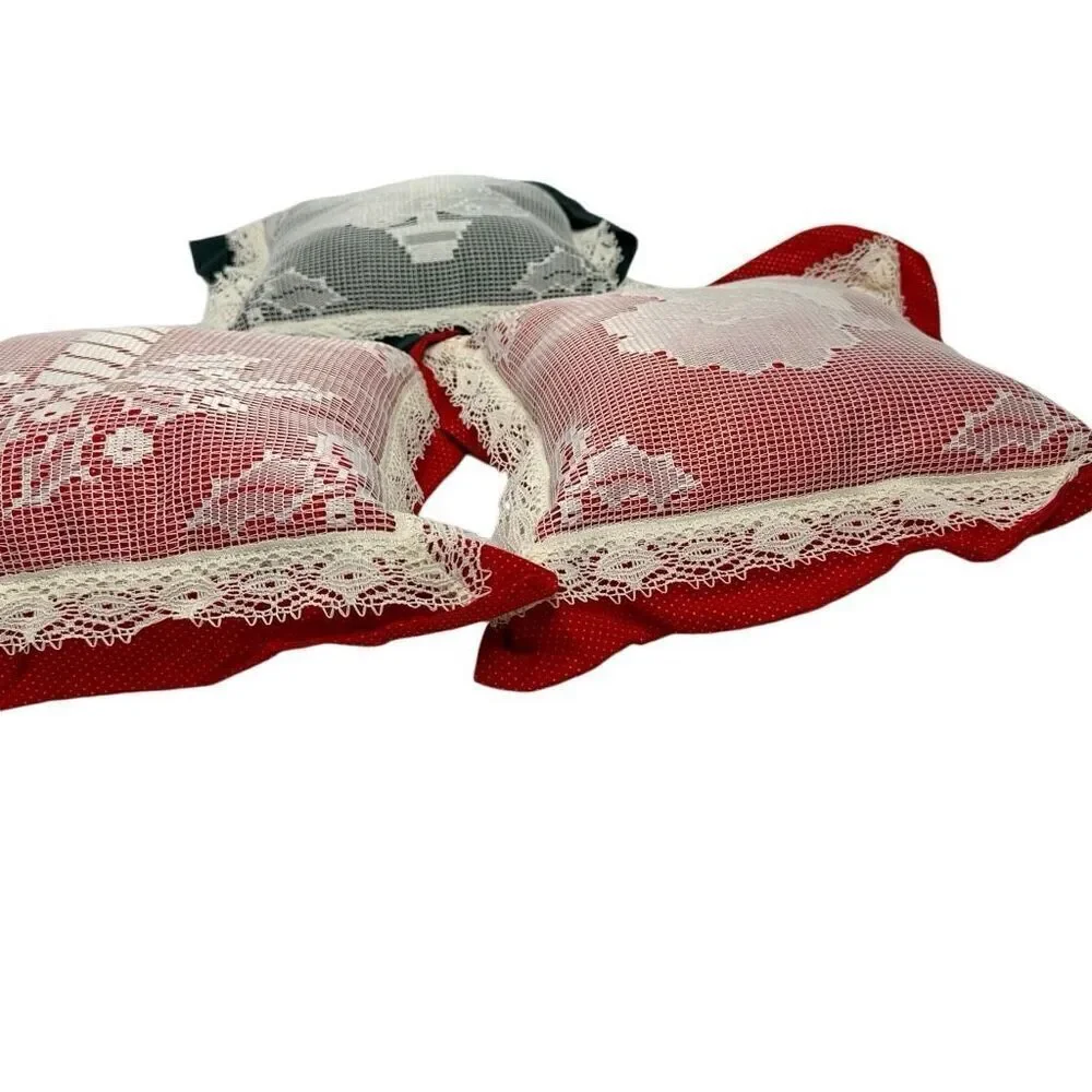 Vintage Christmas throw pillows with lace covered prints